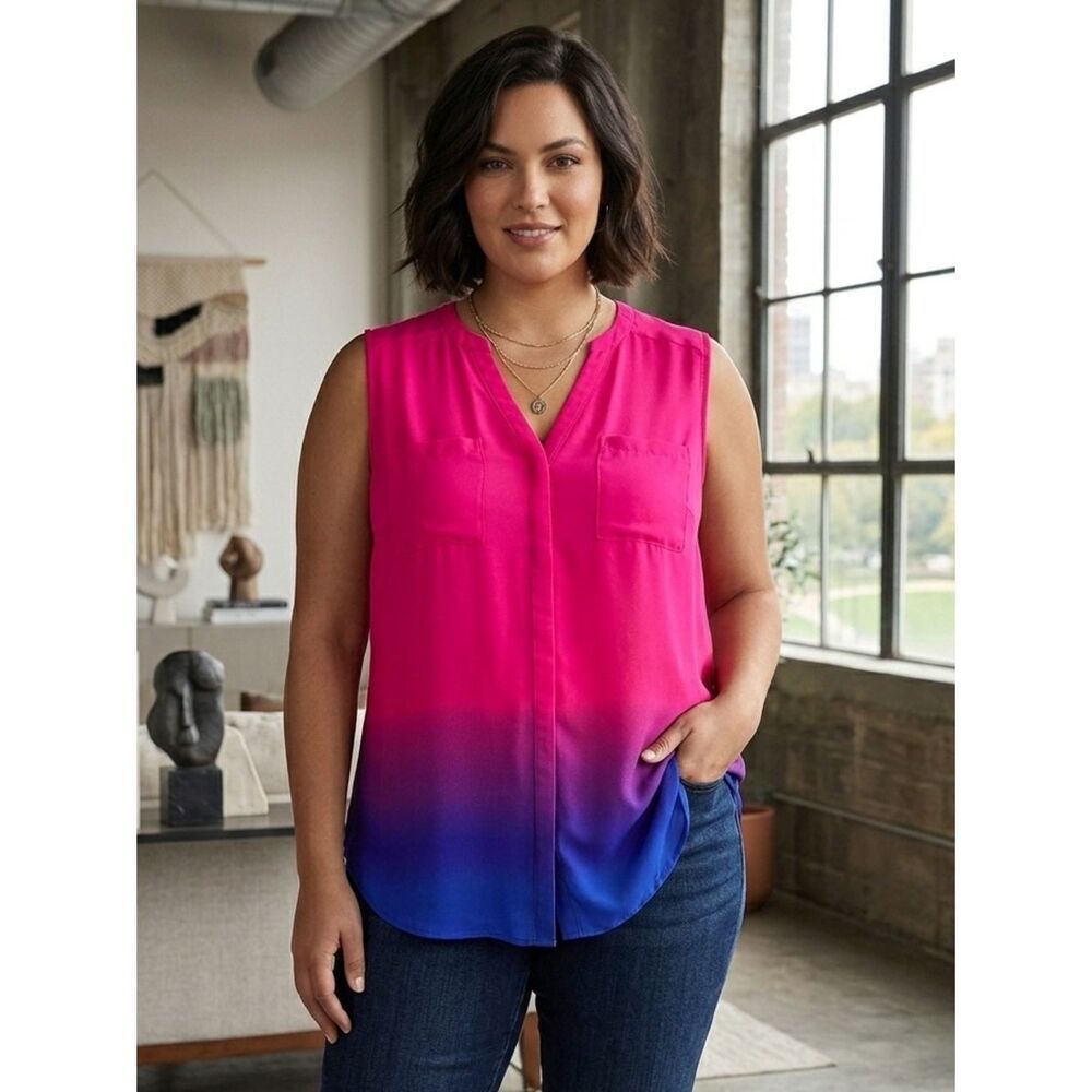 Take 50% OFF- Torrid Hot Pink to Blue Ombre Sleeveless V-Neck Tank, Size-3(3X)